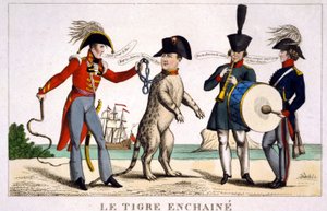 Napoleon I w przykutym tygrysie, trzymanym batem przez brytyjskiego oficera. Rosja i Austria grają muzykę obok. Kreskówka 1815. autorstwa Unknown artist
