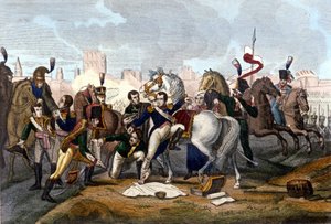Napoleon I ranny pod Regensburgiem 23 kwietnia 1809 r. Rycina XIX wiek. autorstwa Unknown artist