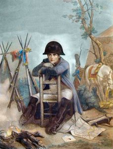 Napoleon na biwaku w przeddzień bitwy pod Austerlitz - grawer autorstwa Philippoteaux - Napoleon na biwaku. Bitwa pod Austerlitz (1805), znana również jako Bitwa Trzech Cesarzy