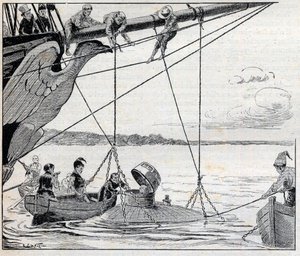 Napoleon uciekający z wyspy Świętej Heleny w łodzi podwodnej (łodzie podwodnej) - ilustracja do powieści Emile Cyprien (Emile-Cyprien) Driant (1855-1916), „Ucieczka cesarza”” autorstwa Unknown artist