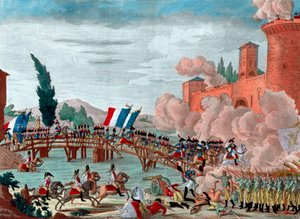 Napoleon prowadzący swoją armię przez most w Lodi - Napoleon podczas bitwy i przejścia przez most Lodi w 1796 r. - Przejście mostu Lodi we Włoszech przez Armię Republikańską-Francuską na zlecenie generała naczelnego Napoleona Bonaparte - autorstwa Unknown artist
