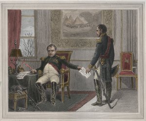 Napoleon podpisujący swoją abdykację 1814 - Napoleon Bonaparte (1769-1821) w Fontainebleau podczas swojej pierwszej abdykacji, podpisany w kwietniu 1814 r. Rycina w „Les Fastes Populaires, ou Histoire des act heroiques du peuple et de son influence sur les autorstwa Unknown artist