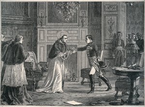 Napoleon odwiedzający papieża Piusa VII w Fontainebleau 1804 - Wizyta Napoleona I u papieża Piusa VII a Fontainebleau 1804 autorstwa Unknown artist