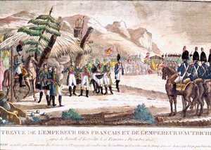 Wojna napoleońska: Napoleon I spotyka cesarza Francois II po bitwie pod Austerlitz w dniu 2.12.1805. Rycina XIX wieku. autorstwa Unknown artist