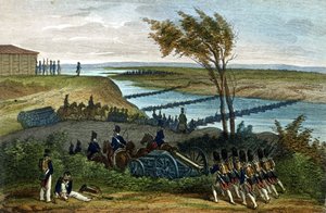 Wojna napoleońska: kampania rosyjska. Przejście rzeki Niemen (Dnjemen) w dniu 24.06.1812 r., która rozdziela oba imperia. Rycina XIX wieku. autorstwa Unknown artist