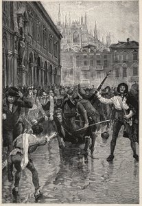 Abdykacja Napoleona zachęca do zamieszek w Mediolanie, a Giuseppe Prina, niepopularny minister finansów, jest ciągnięty po ulicach i ostatecznie zabity przez tłum na Piazza San Fedele w Mediolanie, 20 kwietnia autorstwa Unknown artist