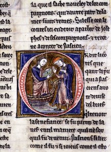 Nascion otrzymuje książkę (?). Rękopis: Conquest of the Saint Gréal, napisany 717 lat po męce naszego Pana. Bibliotheque Municipale de Rennes, ms. 255 (Zbiór powieści Okrągłego Stołu); Paryż autorstwa Unknown artist