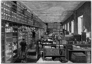 Biblioteka Narodowa w Paryżu: Biuro Katalogu. Na górze są pudła sztuk. Grawerowanie w „”La Nature: revue des sciences et de leurs applications aux arts et a l