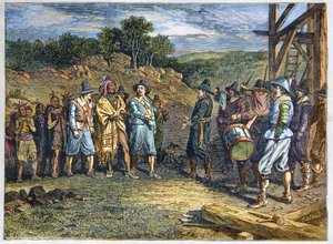 Rdzenna ludność Ameryki: Indianie. Osadnicy spotkali Massasoita (1590-1661) znanego również jako Ousamequin „Żółte Pióro” wodza plemienia Wampanoag, kolonia Plymouth, lata 1620. Przywódca Wampanoag Massasoit odwiedza kolonistów w Plymouth autorstwa Unknown artist