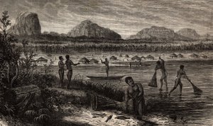 W pobliżu zaćmy Rovuma (Mozambik), połowy ryb. Grawerowanie ilustrujące pierwsze podróże dr Livingstone