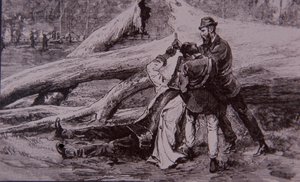 Ned Kelly schwytany przez policjanta Kelly i kolejarza Jesse Dowsett, 28 czerwca 1880 (grawerowanie) autorstwa Unknown artist