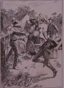 Ned Kelly zabija policjanta Lonigana w Stringybark Creek w 1878 roku (grawerowanie) autorstwa Unknown artist