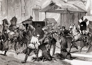 Nihilizm w Rosji - Próba zabójstwa Aide de Camp, generała Lorisa Melikoffa (Loris-Melikoff), przed drzwiami jego hotelu w Wielkiej Moskai w 1880 roku - Rosyjski ruch nihilistów w XIX wieku: zamach na hrabiego L autorstwa Unknown artist