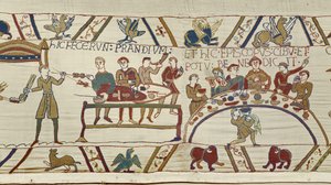 Słudzy normańscy przygotowują bankiet dla Williama, a biskup Odo błogosławi posiłek, gobelin z Bayeux (haft z wełny na płótnie) autorstwa Unknown artist