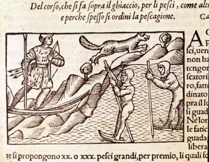 Norwescy myśliwi poruszający się po nartach. rycina Olausa Magnusa (1490 - 1557), szwedzkiego zakonnika i geografa, „Historia de Gentis Septentrionalibus”, Wenecja autorstwa Unknown artist