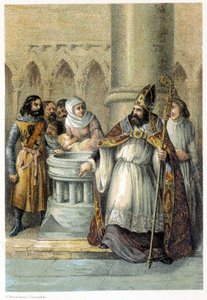 Notger (930 - 1008), wigilia Liege, podczas chrztu Ottona III (980-1002), króla Niemiec. Chromolitografia XIX wieku. autorstwa Unknown artist