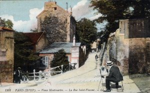 Stary Montmartre: malarz na ulicy Świętego Wincentego. W kolorze pomarańczowym kabaret "Zwinny Królik" - Pocztówka, deb. XX w. autorstwa Unknown Artist