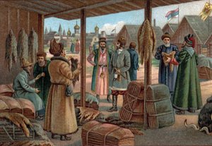 Stare Centra Handlowe: Targi Futrzarskie w Nowogrodzie (Veliky Novgorod), Rosja w XIX wieku. Chromolitografia z końca XIX wieku autorstwa Unknown artist