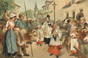 Stary zwyczaj obchodzony w regionie Nivernais: błogosławieństwo stad. Chromolitografia z końca XIX wieku. autorstwa Unknown artist