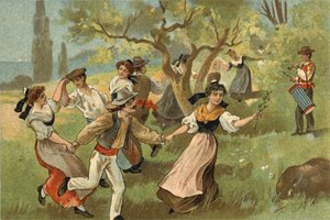 Stary zwyczaj obchodzony w regionie Prowansji: farandole na dożynki jedwabników. Chromolitografia z końca XIX wieku. autorstwa Unknown artist