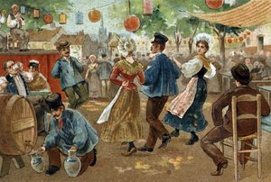 Stary zwyczaj obchodzony w regionie Flandrii: Jarmark flamandzki. Chromolitografia z końca XIX wieku. autorstwa Unknown artist