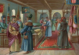 Stare centra handlowe: hala bieliźniana w Brugii, Belgia w XV wieku. Chromolitografia z końca XIX wieku autorstwa Unknown artist