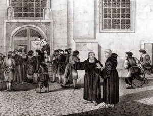31.10.1517 r. Luter wywiesił na bramach zamku wittenberskiego 95 tez „” potępiających sprzedaż odpustów i które zapoczątkowały reformację – grav. autorstwa Unknown artist