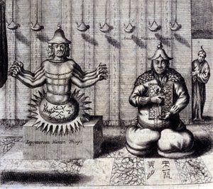 Po lewej hinduskie bóstwo ma osiem ramion, po prawej Amida, japoński Budda. „De China Monumenta” Athanasius Kircher (1601 - 1680), jezuita, orientalista i niemiecki uczony, Amsterdam 1667. autorstwa Unknown artist