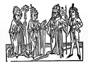 Po lewej: biskup, papież, cesarz i szlachetny jeździec. Główni przedstawiciele klas społecznych epoki feudalnej. Grawer z „Leben der Heiligen - sommerteil” (Księga świętego) Jakuba (Jakuba) z Voragine (1228-1298). Lu autorstwa Unknown artist
