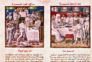 Po lewej święto Aswerusa 1. (Kserkses 1.). Po prawej święto dzieci Hioba. Miniatura z rękopisu „Le Miroir de l