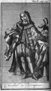 Ordery rycerskie. Rycerz Odkupiciela lub drogocennej krwi Jezusa w Księstwie Mantui (Mantua) w XVII wieku. W „”Historii zakonów rycerskich lub rycerskich, bezpiecznych i rutynowych milicji obojga płci, które powstały do tej pory autorstwa Unknown artist