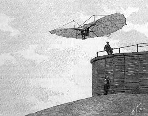 Otto Lilienthal (1848-1896), niemiecki pionier aeronautyki, wyskakując ze swojej drewnianej wieży swoim latającym samolotem (na zdjęciu). Grawerowanie w „”La Nature: revue des sciences et de leurs applications aux arts et a l
