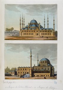 Imperium Osmańskie: Błękitny Meczet (lub Sultanahmet Camii) zbudowany przez Sułtana Ahmeta (Ahmeda) I i Meczet Laleli w Stambule - w „”Starożytny i współczesny kostium””” Ferrario, ed. Mediolan autorstwa Unknown artist