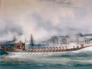Imperium Osmańskie: „”Reprezentacja łodzi sułtana na Bosforze w Stambule”” Widoczny jest Pałac Ciragan. Szczegół. Malarstwo z końca XIX wieku. Stambuł, Muzeum Marynarki Wojennej autorstwa Unknown artist