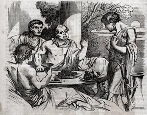 Scena biesiady plenerowej - Witeliusz (Aulus Vitellius Germanicus Imperator August) Cesarz rzymski (15-69) wydający ucztę - grawer w „”Zdrowie powszechne – Poradnik medyczny dla rodzin”” 1852 autorstwa Unknown artist