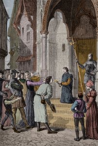 PERKIN WARBECK (ok. 1474-1499) flamandzki oszust; uważany za Ryszarda, księcia Yorku, drugiego z synów Edwarda IV – Czytanie jego spowiedzi przed Westminster Hall w Londynie autorstwa Unknown artist
