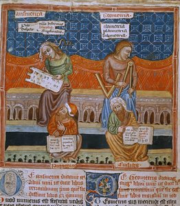 Strona rękopisu przedstawiająca alegorie arytmetyki i geometrii (rękopis) autorstwa Unknown artist