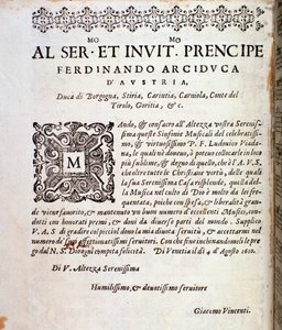 Strona dedicace dla Ferdynanda Austrii w partyturze muzycznej Symfonii Ludovico Viadana autorstwa Unknown artist