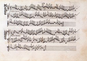 Strona partytury muzycznej Harmonice Musices Odhecaton Ottaviano Petrucciego (1501) autorstwa Unknown artist