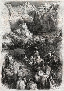 Przejście Pirenejów przez Maurów - rycina z 1851 r. z „Wściekły Roland” (Orlando furioso) (XVI w.) Ludovico Ariosto, zwanego Ariosta - Wydanie przetłumaczone z języka włoskiego przez hrabiego Tressan i wydane przez Gustave