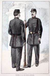 Strażnicy pokoju (okres Lepine). Akwaforta w kolorach, dla ilustracji „Histoire du corps des gardes de la paix””” książka wydana pod auspicjami Louisa Lepine’a (1846-1933) prefekta policji nad Sekwaną, autorstwa Alfreda Reya (1864-?) i Louisa Ferona (1862- autorstwa Unknown artist