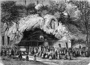 Peleryny przed cudowną jaskinią Lourdes w Wysokich Pirenejach, gdzie Bernadetcie Soubirous (1844-1879) w 1858 r. objawiła się Matka Boża, obecne miejsce pielgrzymek. Rycina XIX wieku autorstwa Unknown artist