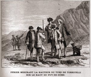 Perier mierzący wysokość barometru (rurki rtęciowej) autorstwa Evangelisty Torricelli lub Toricelli na szczycie Puy-de-Dôme 20 września 1618 r., rycina XIX wiek, kolekcja Bianchetti. autorstwa Unknown artist