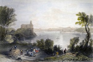 Zamek Persenberg w Niemczech. Na pierwszym planie stolarze przy pracy. Rycina XIX wieku. autorstwa Unknown artist