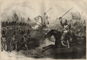 Perska anglo (anglo-perska) wojna (1856-1857): szarża 3. brytyjskiej kawalerii indyjskiej dowodzonej przez kapitana Forbesa podczas bitwy pod Koosh-Ab (Koosh Ab, Kooshab) 8 lutego autorstwa Unknown artist