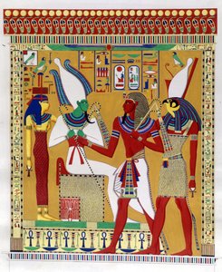 Faraon Merenptah I (lub Mineptah, Merneptah) (1213-1204 pne) prowadzony przez Horusa w obecności Ozyrysa i Athyr infernal. Od lewej: Athyr, Ozyrys, Merenptah I i Horus. (Biban-el-Moluk) - w „Zabytkach Egiptu i Górnej Nubii” autorstwa Ippolito Rosela autorstwa Unknown artist