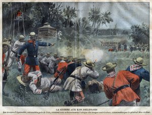 Wojna filipińsko-amerykańska - Wojna amerykańsko-filipińska (Philippine Americano) - wojska Emilio Aguinaldo, odcięte w pobliżu Polo, zaciekle opierają się atakowi wojsk amerykańskich dowodzonych przez generała Mac-Arthura - rycina w „Le-Pelerin” z 1899 r. autorstwa Unknown artist