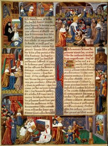 Scena Piete: „”Król Ludwik IX (1214-1270) (św. Ludwik) myjący nogi ubogim, modlący się król i sceny chrześcijańskiego miłosierdzia od króla” „Miniatura z rękopisu” „Księga faktów prałata św. Ludwika”” XV wiek. Paryż, B.N autorstwa Unknown artist