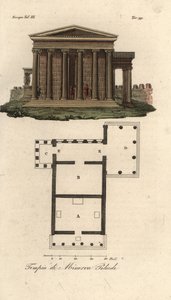 Plan i elewacja Erechtejon lub Erechtejon A, Świątynia Neptuna B, Świątynia Minerwy Polias z gankiem Kariatyd C oraz Świątynia Pandrosusa lub Pandrosion D autorstwa Unknown artist