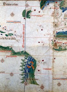 Planisphere of Cantino: Mapa Alberto Cantino z 1502 r. przedstawiająca linię graniczną nałożoną na mocy traktatu z Tordesillas (1494) między portugalską i hiszpańską Ameryką. Biblioteca Estense. Modena autorstwa Unknown artist